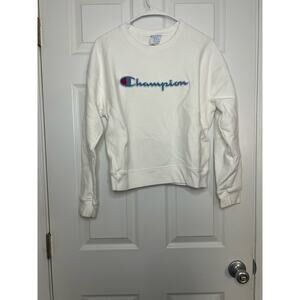 Champion Reverse Weave Script Center Logo White and Blue Sweatshirt Sz: Small